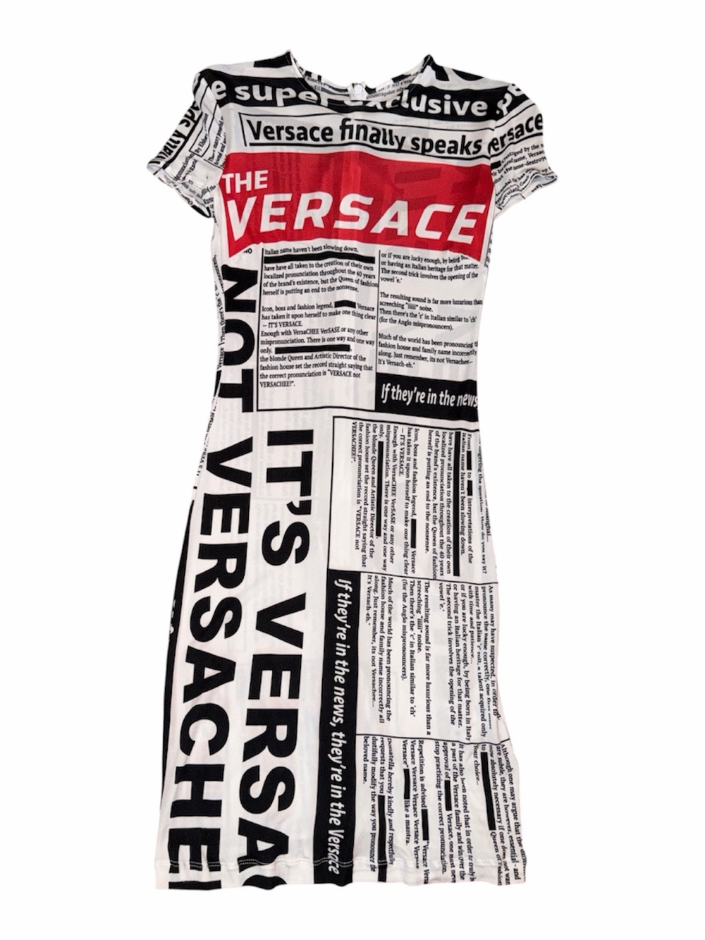 Versace Black, White & Red Newspaper-Print Mini Dress - READ Description please!